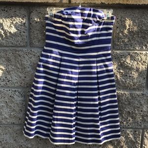 Blue + White Stripe Pleated Strapless Dress